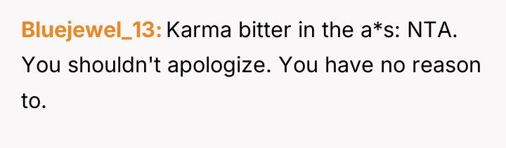 Bluejewel_13 Karma bitter in the a*s: NTA. You shouldn't apologize....