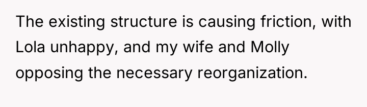 The existing structure is causing friction, with Lola unhappy, and...