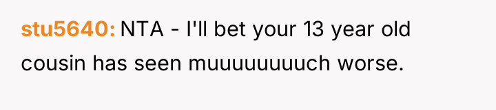 stu5640 NTA - I'll bet your 13 year old cousin...