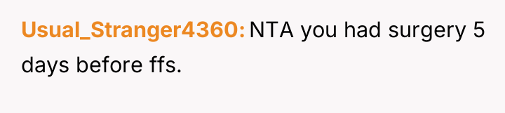 Usual_Stranger4360 NTA you had surgery 5 days before ffs.
