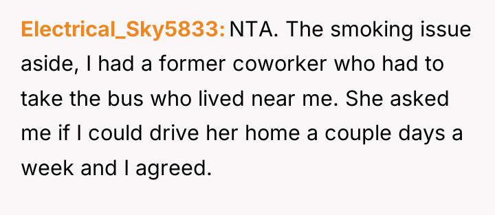 Electrical_Sky5833 NTA. The smoking issue aside, I had a former...