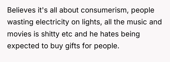 Believes it's all about consumerism, people wasting electricity on lights,...
