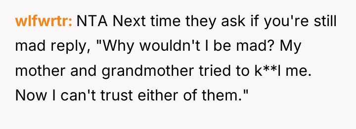 wlfwrtr NTA Next time they ask if you're still mad...