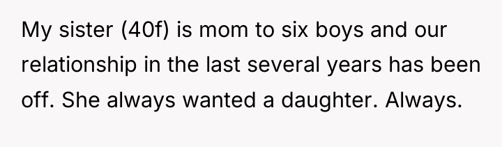 My sister (40f) is mom to six boys and our...