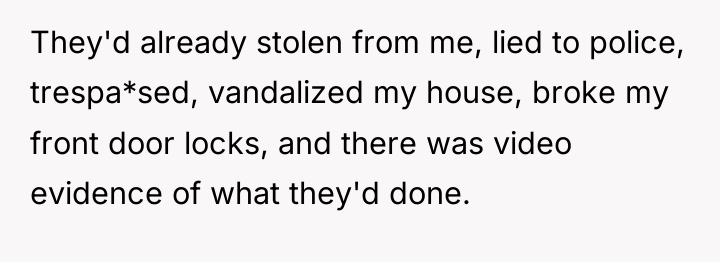 They'd already stolen from me, lied to police, trespa*sed, vandalized...