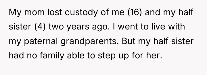 My mom lost custody of me (16) and my half...
