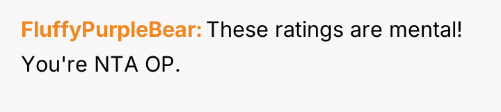 FluffyPurpleBear These ratings are mental! You're NTA OP.