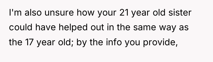 I'm also unsure how your 21 year old sister could...