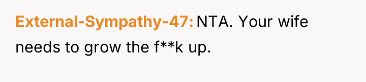 External-Sympathy-47 NTA. Your wife needs to grow the f**k up.