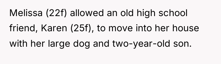 Melissa (22f) allowed an old high school friend, Karen (25f),...