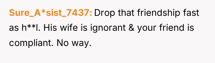 Sure_A*sist_7437 Drop that friendship fast as h**l. His wife is...