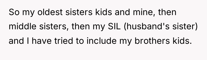 So my oldest sisters kids and mine, then middle sisters,...