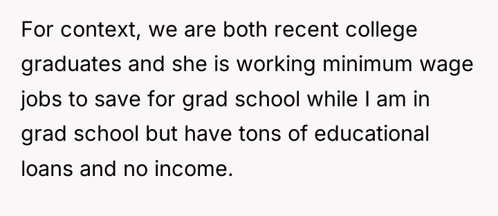 For context, we are both recent college graduates and she...