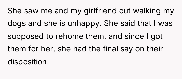 She saw me and my girlfriend out walking my dogs...