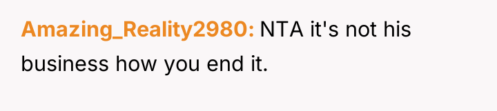 Amazing_Reality2980 NTA it's not his business how you end it.
