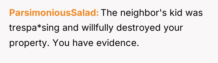 ParsimoniousSalad The neighbor's kid was trespa*sing and willfully destroyed your...