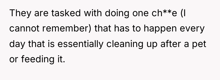 They are tasked with doing one ch**e (I cannot remember)...