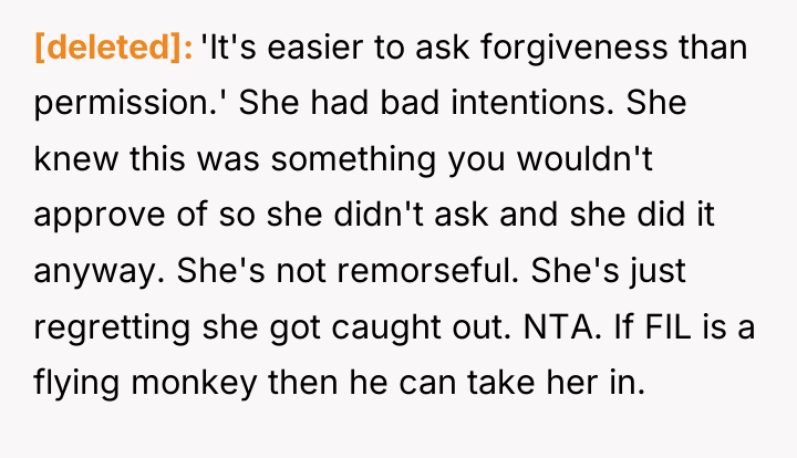 [deleted] 'It's easier to ask forgiveness than permission.' She had...