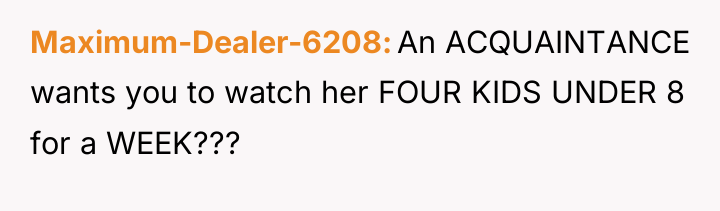 Maximum-Dealer-6208 An ACQUAINTANCE wants you to watch her FOUR KIDS...