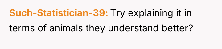 Such-Statistician-39 Try explaining it in terms of animals they understand...