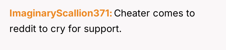 ImaginaryScallion371 Cheater comes to reddit to cry for support.