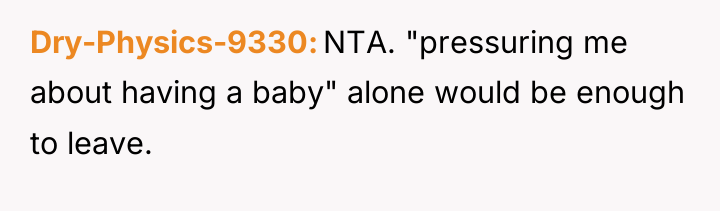 Dry-Physics-9330 NTA. "pressuring me about having a baby" alone would...