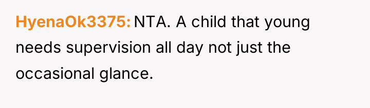HyenaOk3375 NTA. A child that young needs supervision all day...