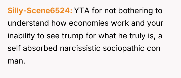 Silly-Scene6524 YTA for not bothering to understand how economies work...