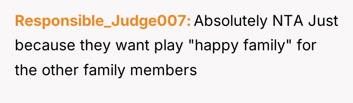 Responsible_Judge007 Absolutely NTA Just because they want play "happy family"...