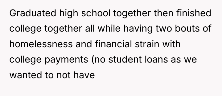 Graduated high school together then finished college together all while...