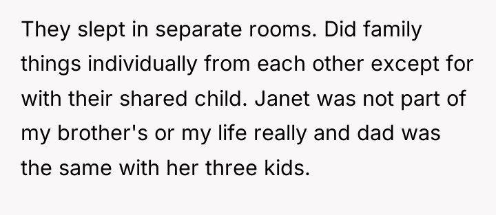 They slept in separate rooms. Did family things individually from...