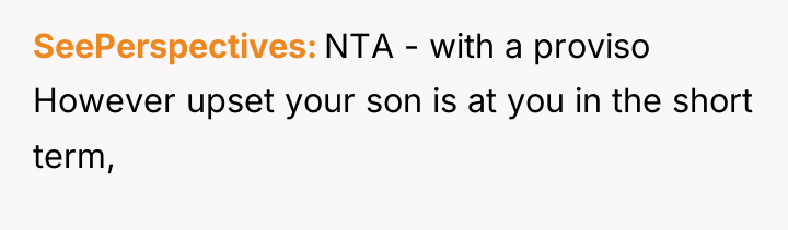 SeePerspectives NTA - with a proviso However upset your son...