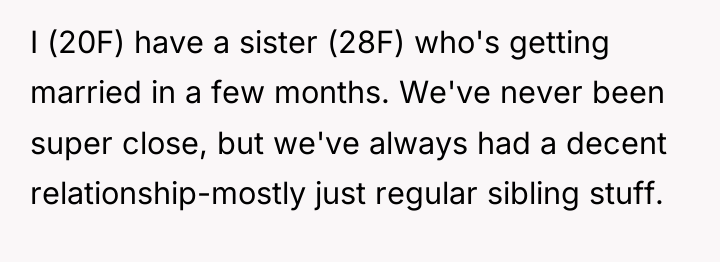 I (20F) have a sister (28F) who's getting married in...