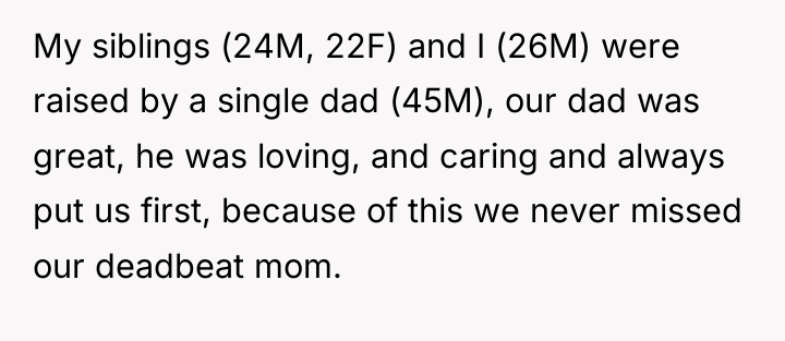 My siblings (24M, 22F) and I (26M) were raised by...