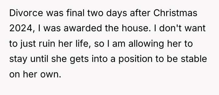 Divorce was final two days after Christmas 2024, I was...