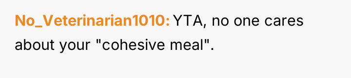 No_Veterinarian1010 YTA, no one cares about your "cohesive meal".