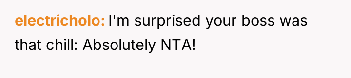 electricholo I'm surprised your boss was that chill: Absolutely NTA!