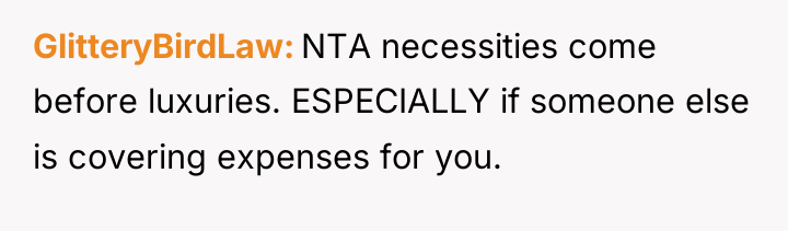 GlitteryBirdLaw NTA necessities come before luxuries. ESPECIALLY if someone else...