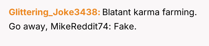 Glittering_Joke3438 Blatant karma farming. Go away, MikeReddit74: Fake.