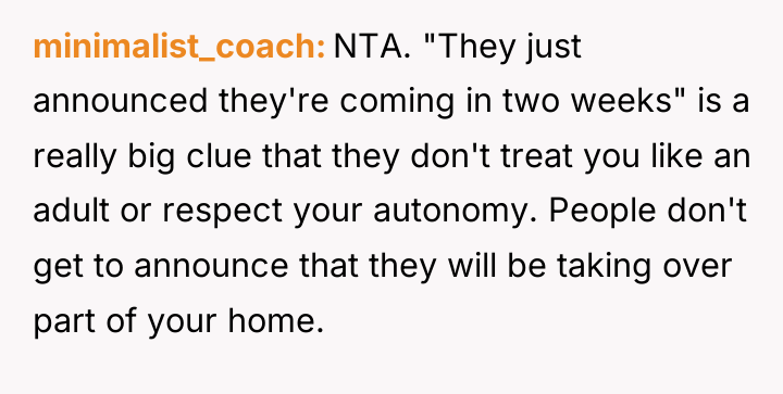 minimalist_coach NTA. "They just announced they're coming in two weeks"...