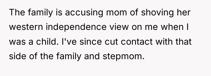 The family is accusing mom of shoving her western independence...