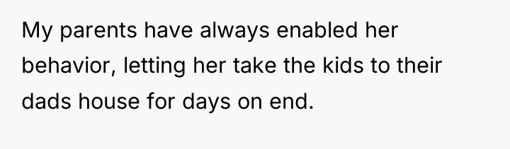My parents have always enabled her behavior, letting her take...