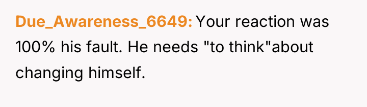 Due_Awareness_6649 Your reaction was 100% his fault. He needs "to...