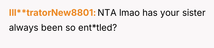 Ill**tratorNew8801 NTA lmao has your sister always been so ent*tled?