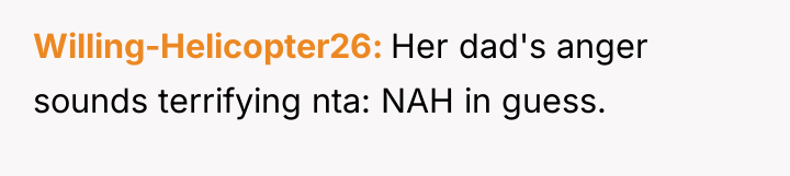 Willing-Helicopter26 Her dad's anger sounds terrifying nta: NAH in guess.