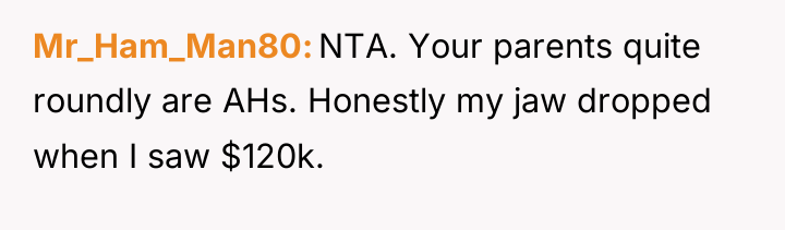 Mr_Ham_Man80 NTA. Your parents quite roundly are AHs. Honestly my...