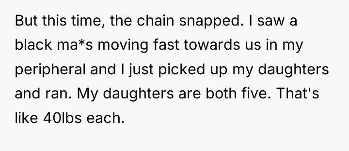 But this time, the chain snapped. I saw a black...