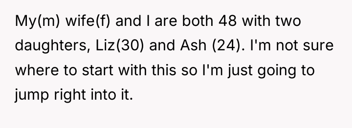 My(m) wife(f) and I are both 48 with two daughters,...