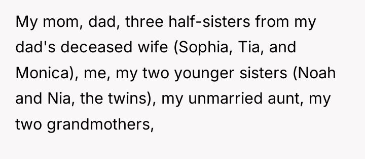My mom, dad, three half-sisters from my dad's deceased wife...