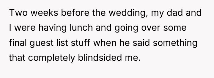 Two weeks before the wedding, my dad and I were...